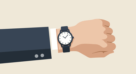 A vector illustration depicts a person's hand wearing a wristwatch, showcasing time and punctuality against a simple background, ideal for business and time-management concepts.