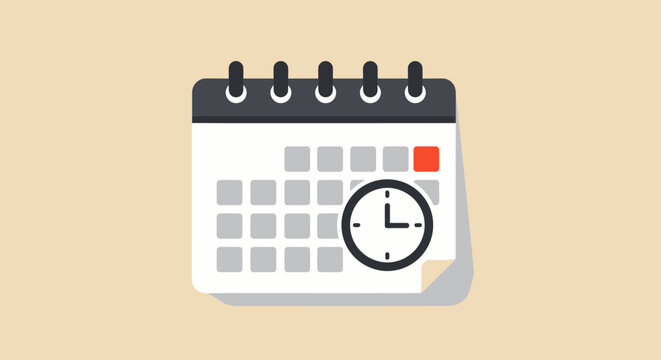 A flat vector graphic depicting a calendar with a clock overlayed, symbolizing time management, scheduling, and appointment reminders for business and personal use.