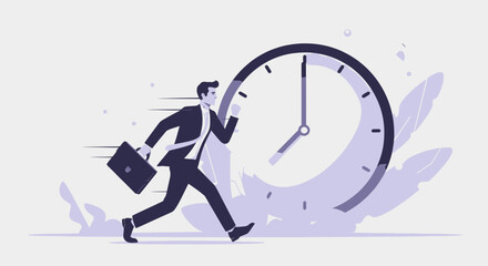 A businessman in a suit running quickly with a briefcase next to a large, stylized clock, illustrating the concept of time management and deadlines.