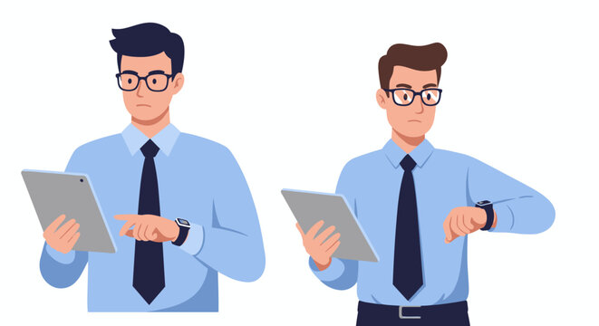 A detailed vector illustration depicts two professional businessmen, one using a tablet and the other checking his wrist clock, emphasizing time management and digital work.