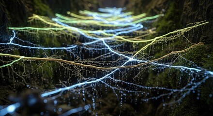 Glowing spider webs in a dark forest, abstract nature concept