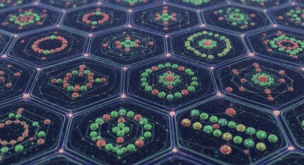Abstract geometric pattern of hexagons with glowing orbs