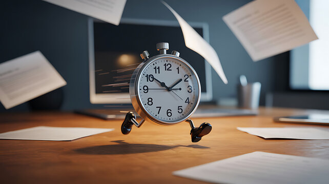 Funny Stopwatch Clock Character Running Fast on an Office Desk with Documents Flying Concept of Business Deadline and Time Management