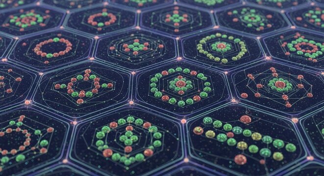 Abstract geometric pattern of hexagons with glowing orbs