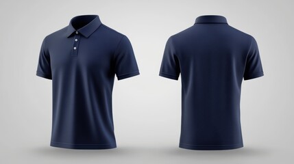 corporate collared polo shirt, front and back view, navy blue, subtle embroidered logo placeholder on chest, 