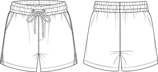 Cad drawing flat vector illustration of casual shorts with drawstring waist, fashion design technical sketch front and back view template