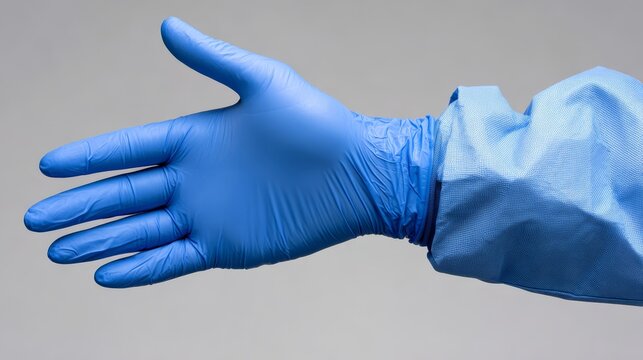 Professional gloved hand in blue latex gloves providing essential protection for medical safety and hygiene procedures.