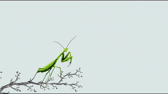 Praying mantis minimalist illustration, green insect calm design