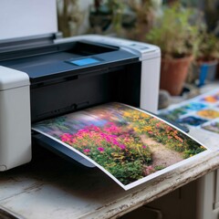 A Vibrant Photo of a Beautiful Flower Garden Printing from a Modern Inkjet Printer on a Rustic Table
