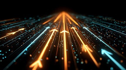 Multiple glowing light trails with upward pointing arrows converge toward a distant bright focal point