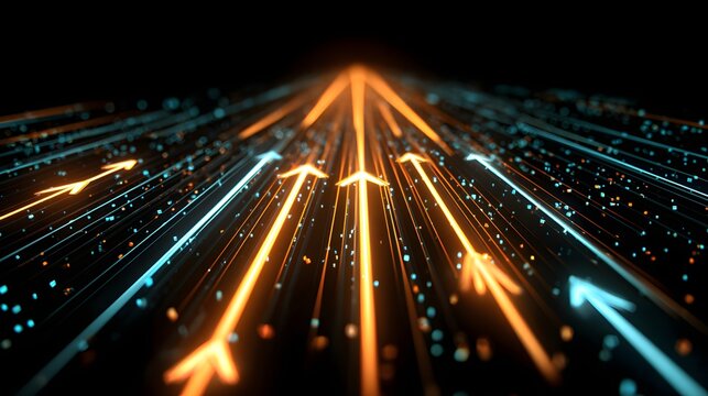 Multiple glowing light trails with upward pointing arrows converge toward a distant bright focal point