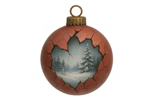 Shattered christmas ornament revealing a snowy winter forest scene, conceptual holiday and seasonal imagery