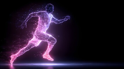 Fototapeta premium Illuminated digital network figure sprinting powerfully across a dark background