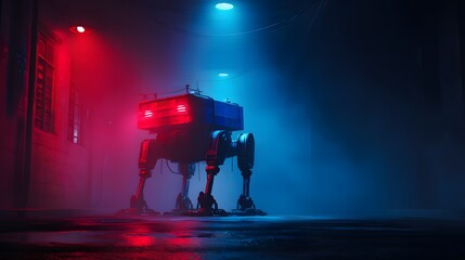 Industrial bipedal machinery stands illuminated by dramatic red and blue lighting in a dark environment