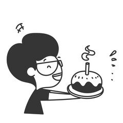 happy smiling kid with birthday cake illustration cartoon in hand drawn style