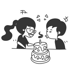 happy smiling kid with birthday cake illustration cartoon in hand drawn style