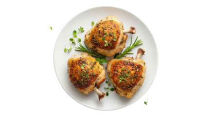 Three roasted chicken thighs on a plate with herbs isolated PNG with Transparent Background