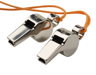 Two metal whistles with orange cords

