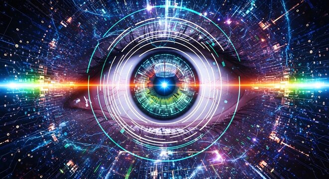 Futuristic Eye Technology Vision Concept with Digital Interface.