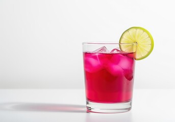 Vibrant pink cold beverage with ice and lime garnish in a clear glass tumbler on white