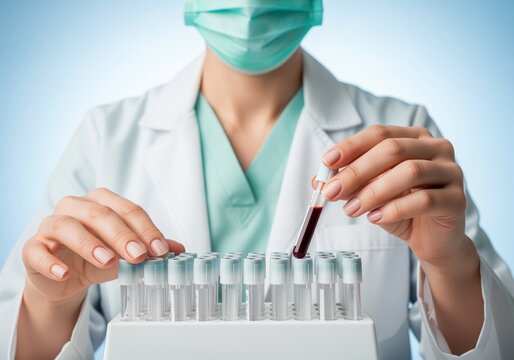 Scientist in lab coat and mask handling blood sample test tube for medical research