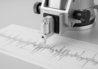 Professional seismograph stylus recording seismic activity and vibration data on paper.