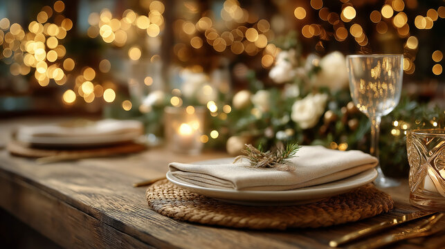 Elegant Dining Setup: A beautifully adorned dining table, set with pristine tableware, delicate flowers, and soft candlelight, epitomizing a sense of warmth, refined taste, and festive cheer.