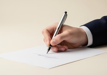 Close up of a businessman hand signing a contract with a luxury silver pen.