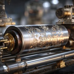 Intricate Engraving Process on Metallic Cylinder with Decorative Patterns Captured in a Professional Manufacturing Setting