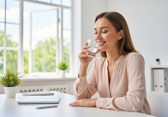 Young woman drinking water for hydration and wellness during a work break in a bright office.