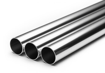 Close up of three polished stainless steel metal pipes isolated on white studio background.