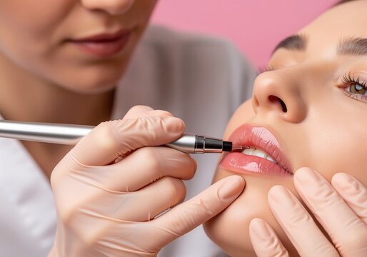 Close up of woman receiving lip micropigmentation by beautician in beauty salon