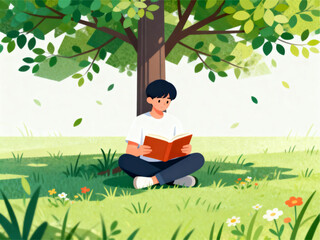 Young boy reading a book under a tree in a park with blooming flowers and green leaves