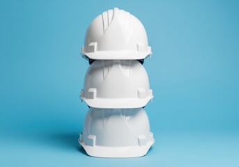 Stack of three pristine white construction hard hats against a vibrant blue studio background.