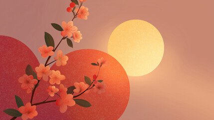 Blossom Harmony: Delicate cherry blossoms gracefully unfurl, their petals echoing the warmth of a setting sun. This serene composition celebrates nature's exquisite beauty.
