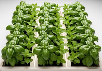 Fototapeta premium Lush green basil and fresh mint herbs growing in neat rows in a wooden planter box.