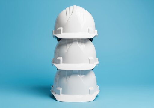 Stack of three pristine white construction hard hats against a vibrant blue studio background.