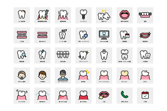歯科治療と症状のシンプルなアイコンセット