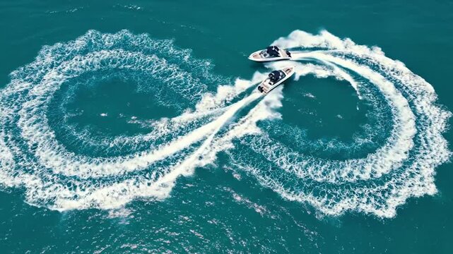 Aerial View of Two White Motorboats Speeding on Blue Green Ocean Waters Creating Spiraling White Water Trails During Sunny Day, Optimized for Adobe Stock