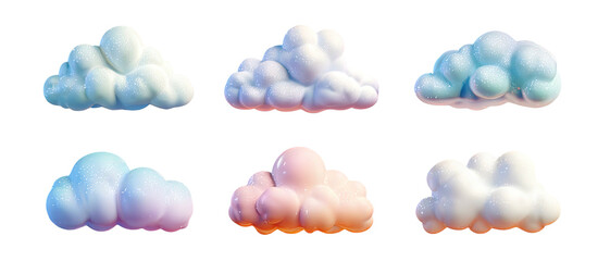 Fototapeta premium Six cartoonish fluffy pastel clouds on black background