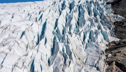 Aerial View of Glacier Crevasses: Turquoise Ice Formations and White Snow