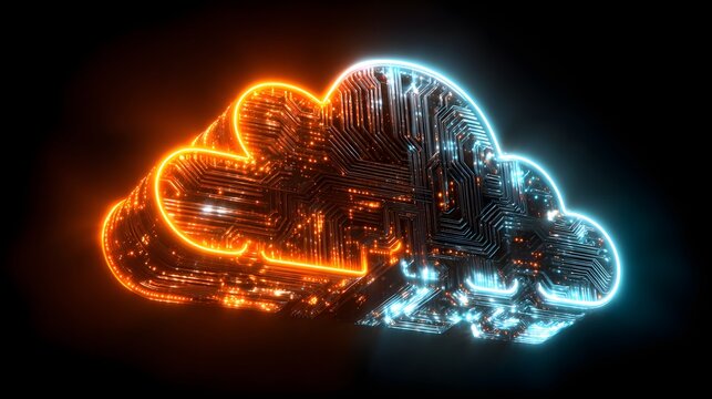 Glowing digital cloud shape illuminates contrasting orange and cyan light trails against a dark background