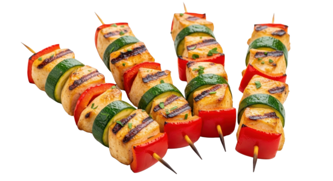Grilled chicken skewers with zucchini and red bell pepper isolated PNG with Transparent Background
