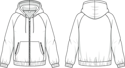 Modern zip up hoodie technical flat sketch, front and back view, detailed clothing template, fashion design, CAD drawing flat vector illustration © Biplob Creatives