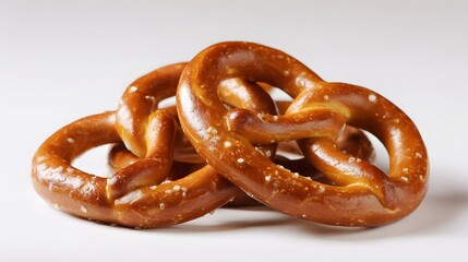 Stack of freshly baked, golden brown soft pretzels sprinkled with coarse salt rests on a white surface.