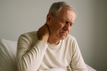 Elderly man experiencing neck pain while sitting on bed with discomfort and fatigue in bedroom morning light