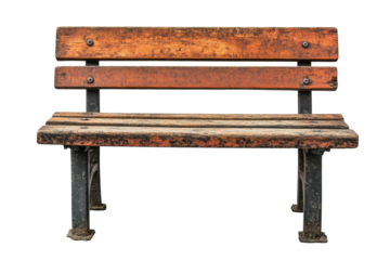 Weathered wooden park bench on black background