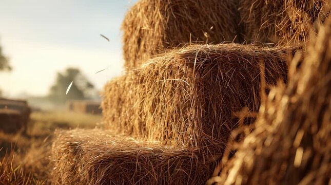 A stack of hay bales in a field on a sunny day