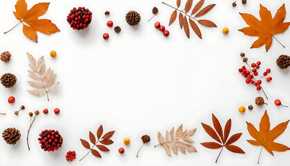 autumn flat lay composition with dried leaves, flowers, and rowan berries on white background