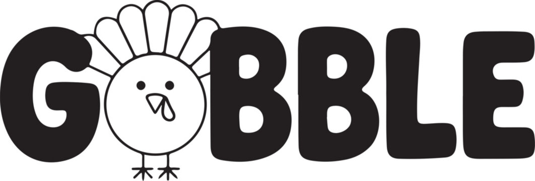 Cute cartoon turkey with "gobble" text for thanksgiving holiday designs and autumn celebrations isolated on transparent background